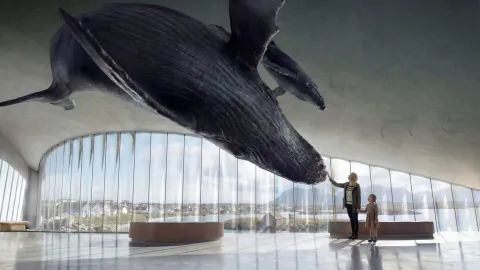 A huge whale sculpture hangs from a curved ceiling above a bright glass-walled hall overlooking water and mountains.