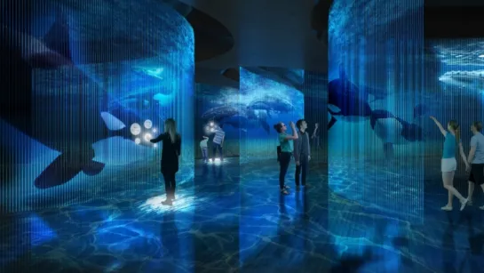 People stand in a dark gallery surrounded by blue ocean projections with whales and rippling water on walls and floor.