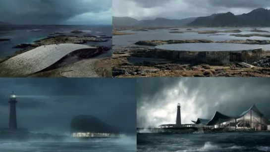 Four-panel montage of a modern coastal building and lighthouse by rough sea under dark, stormy skies.
