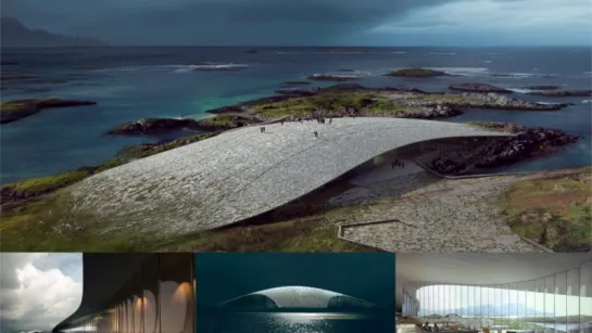 Large curved stone-roof structure on a rocky coast with ocean islands and dark storm clouds; small inset views below.