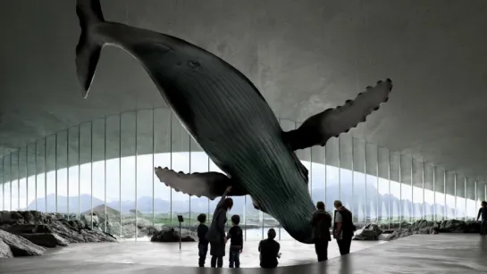 Large whale sculpture hangs above visitors inside a modern pavilion, with arched windows showing water and mountains.