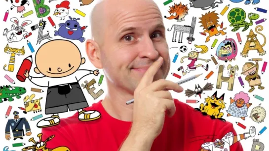 Bald man in a red shirt holds a pen to his chin, in front of a colorful doodle collage of animals and characters.