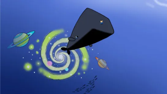 Cartoon whale flying in space above a glowing spiral galaxy, with ringed planets, stars, and a tiny rider on its back.