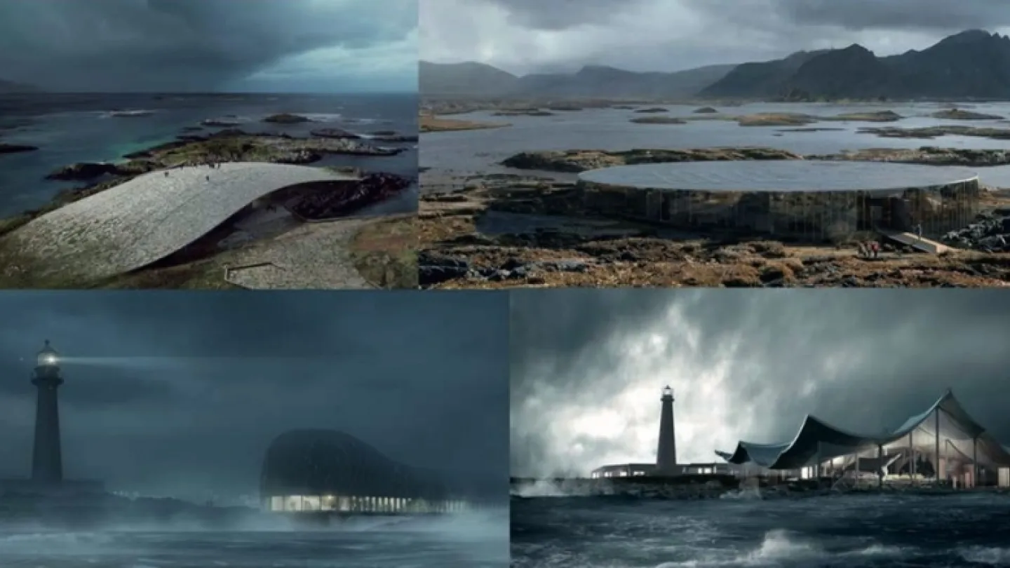 Four-panel montage of a modern coastal building and lighthouse by rough sea under dark, stormy skies.