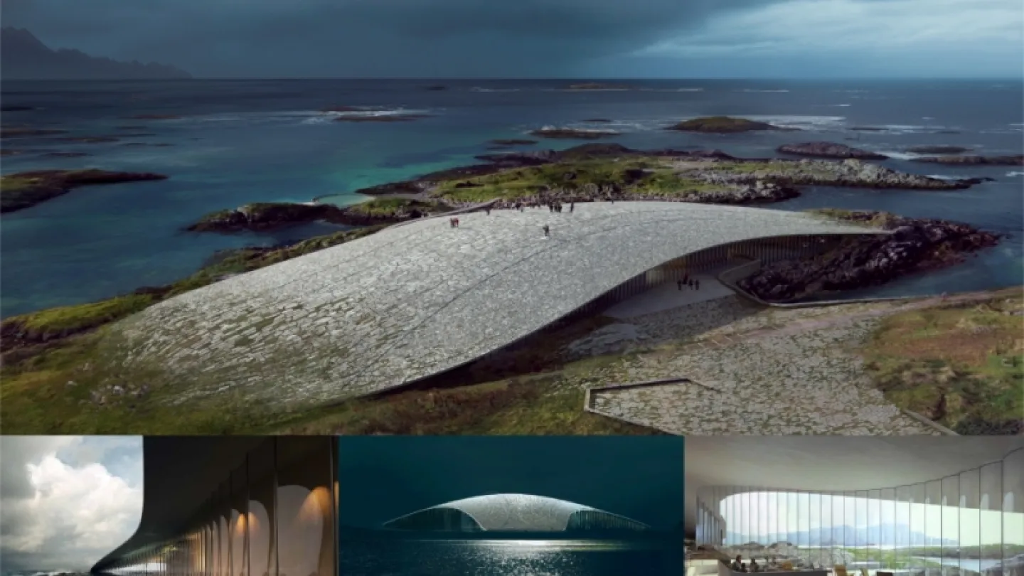 Large curved stone-roof structure on a rocky coast with ocean islands and dark storm clouds; small inset views below.