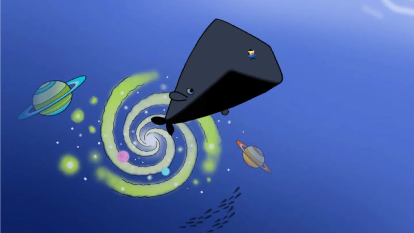 Cartoon whale flying in space above a glowing spiral galaxy, with ringed planets, stars, and a tiny rider on its back.