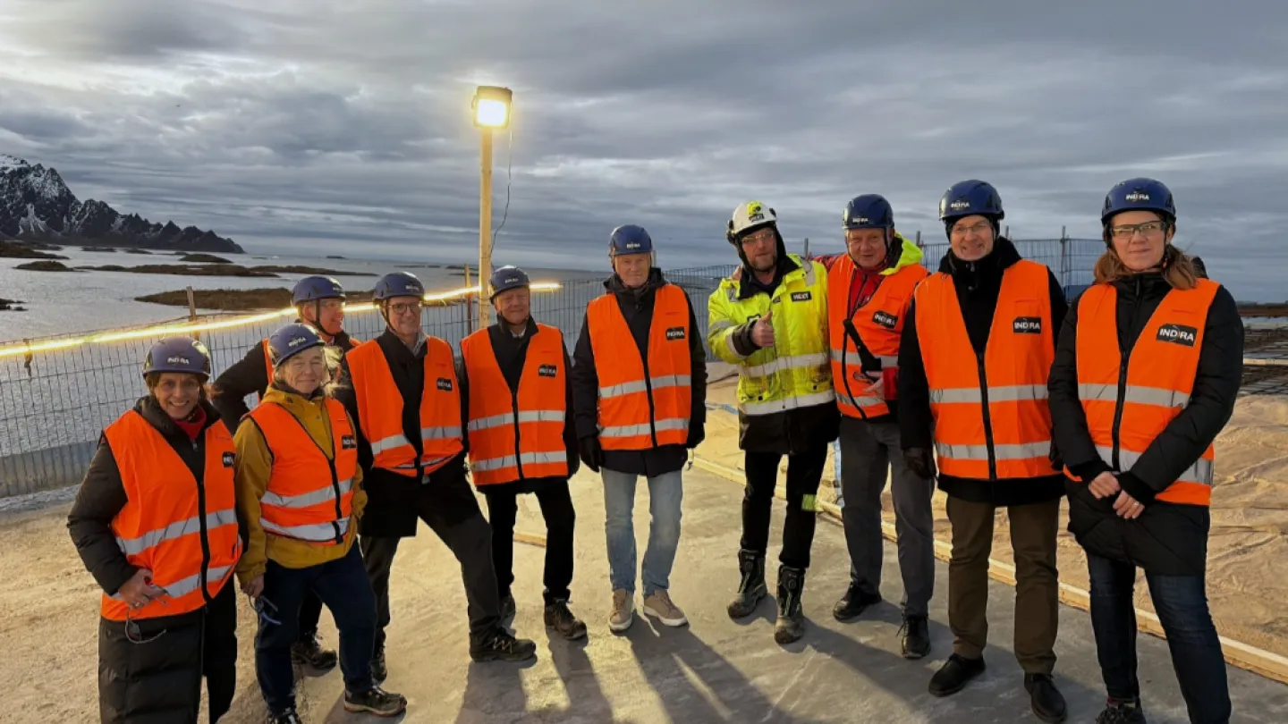Group in orange safety vests and helmets standing on a platform near a fenced coastline with mountains under clouds.