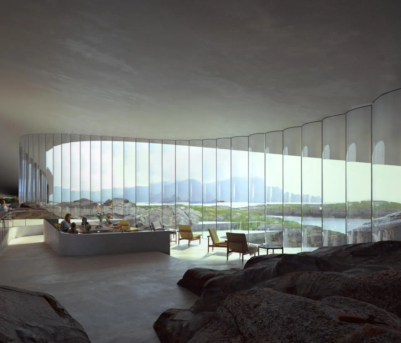 Modern interior lounge with curved floor-to-ceiling glass wall, chairs and tables, overlooking rocky landscape and water.