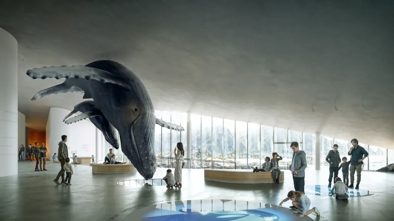 Indoor museum hall with a suspended whale model above visitors, benches, and tall windows overlooking mountains.