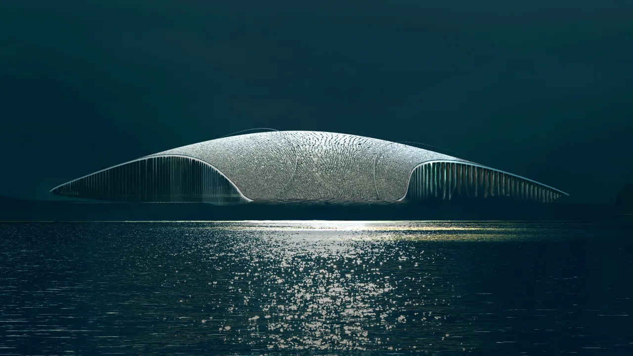 A low, futuristic dome-like structure sits above calm dark water, with a bright reflection shimmering in the foreground.