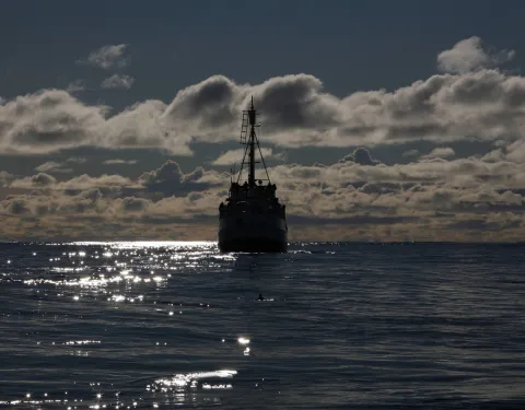 A dark ship silhouette on calm ocean water, with sparkling reflections under a cloudy sky near the horizon.