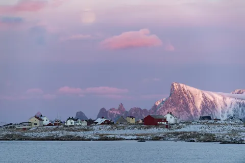 Small coastal village with scattered houses beside calm water, backed by snow-covered mountains under a pink sky.
