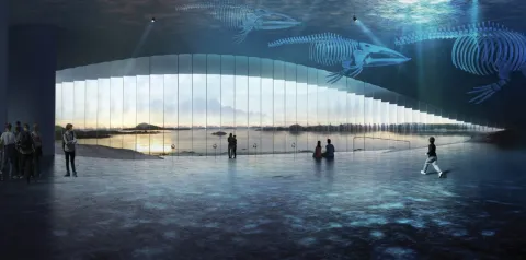 Visitors in a dark gallery stand by a curved glass wall overlooking calm water, under suspended whale skeletons.