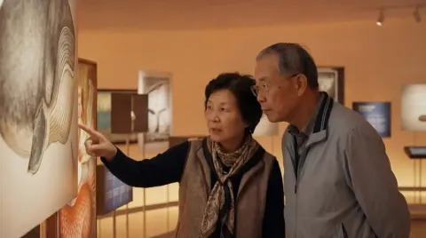 Two adults stand in an art gallery, one pointing at a large wall-mounted artwork while the other looks closely.