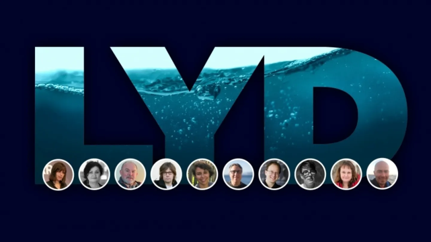 Bold letters 'LYD' filled with an underwater wave texture on a dark background, with circular avatars below.