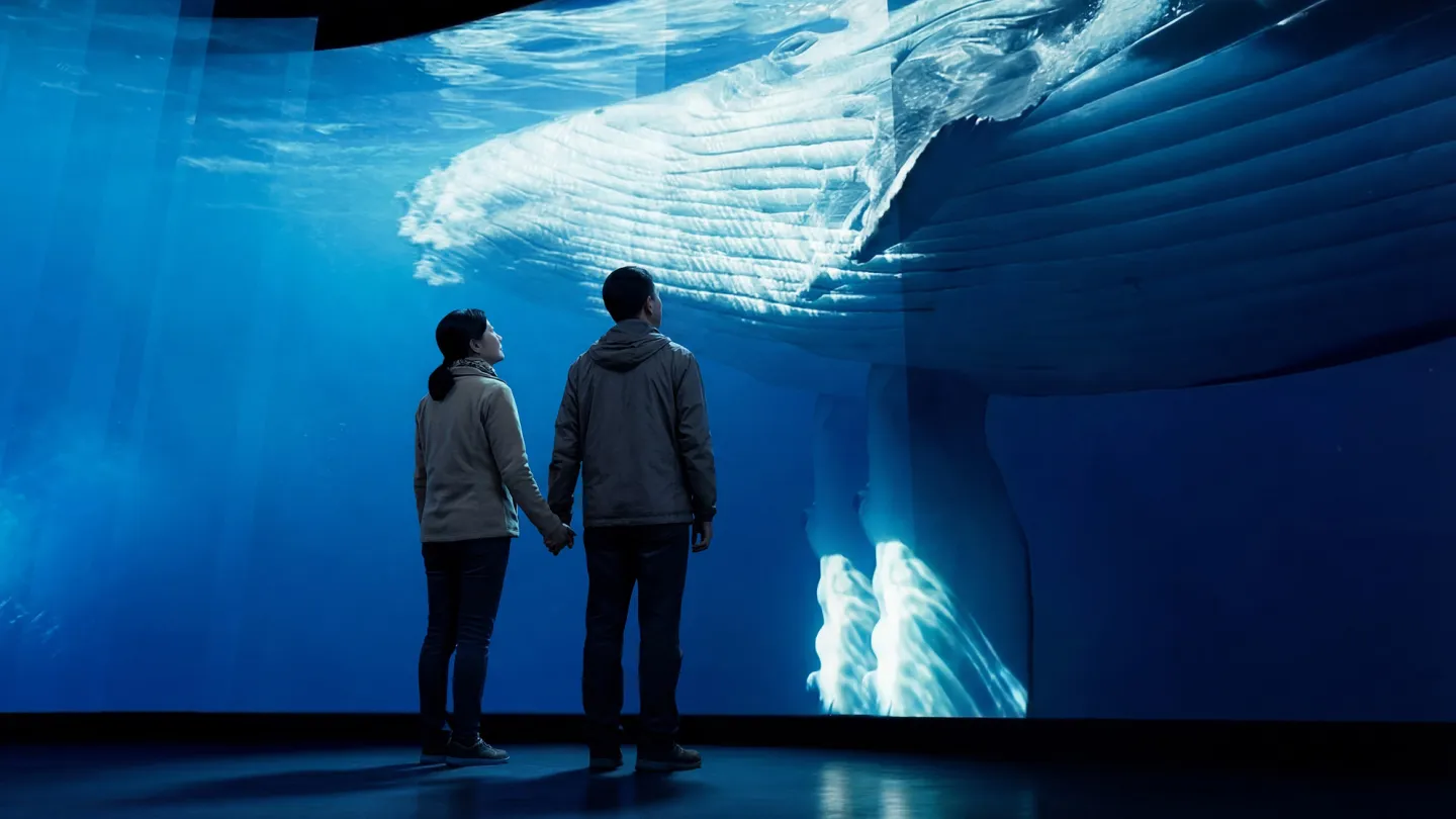A couple holds hands in a dark room, looking at a huge whale swimming behind a large blue aquarium window.