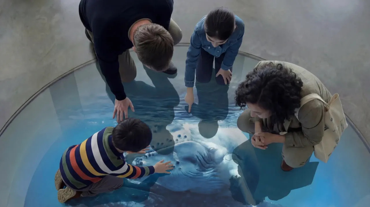Three children and an adult lean over a circular glass floor window to view a large marine animal below in blue water.