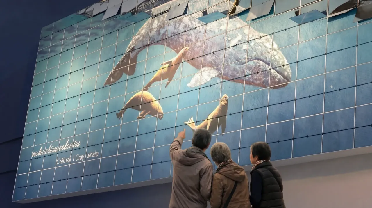 Three people stand indoors pointing at a large wall mural of a gray whale and smaller marine animals on blue panels.