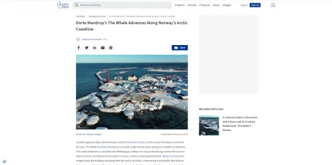 Screenshot of an ArchDaily article page featuring an aerial view of a snowy coastal town and harbor.