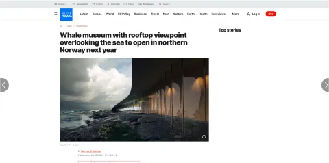 Screenshot of a Euronews article about a whale museum in Norway, showing a coastal building rendering beside waves.