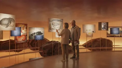 Two people stand in a warm-lit gallery, looking at illustrated panels on stands with large rocks displayed behind.